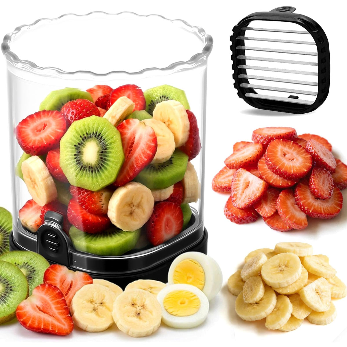 Hendiy strawberry slicer with 8 blades cuts berries evenly for neat servings.