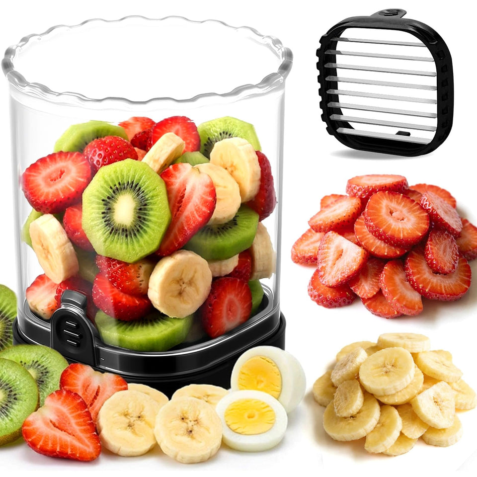 Hendiy strawberry slicer with 8 blades cuts berries evenly for neat servings.