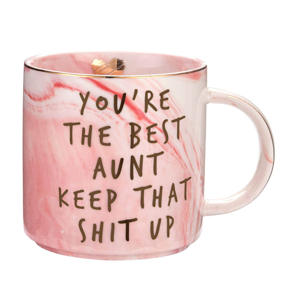 Hendson Aunt mug with pink marble design, ideal for uplifting mornings