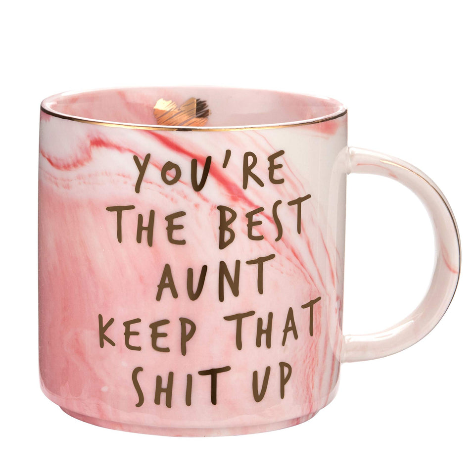 Hendson Aunt mug with pink marble design, ideal for uplifting mornings
