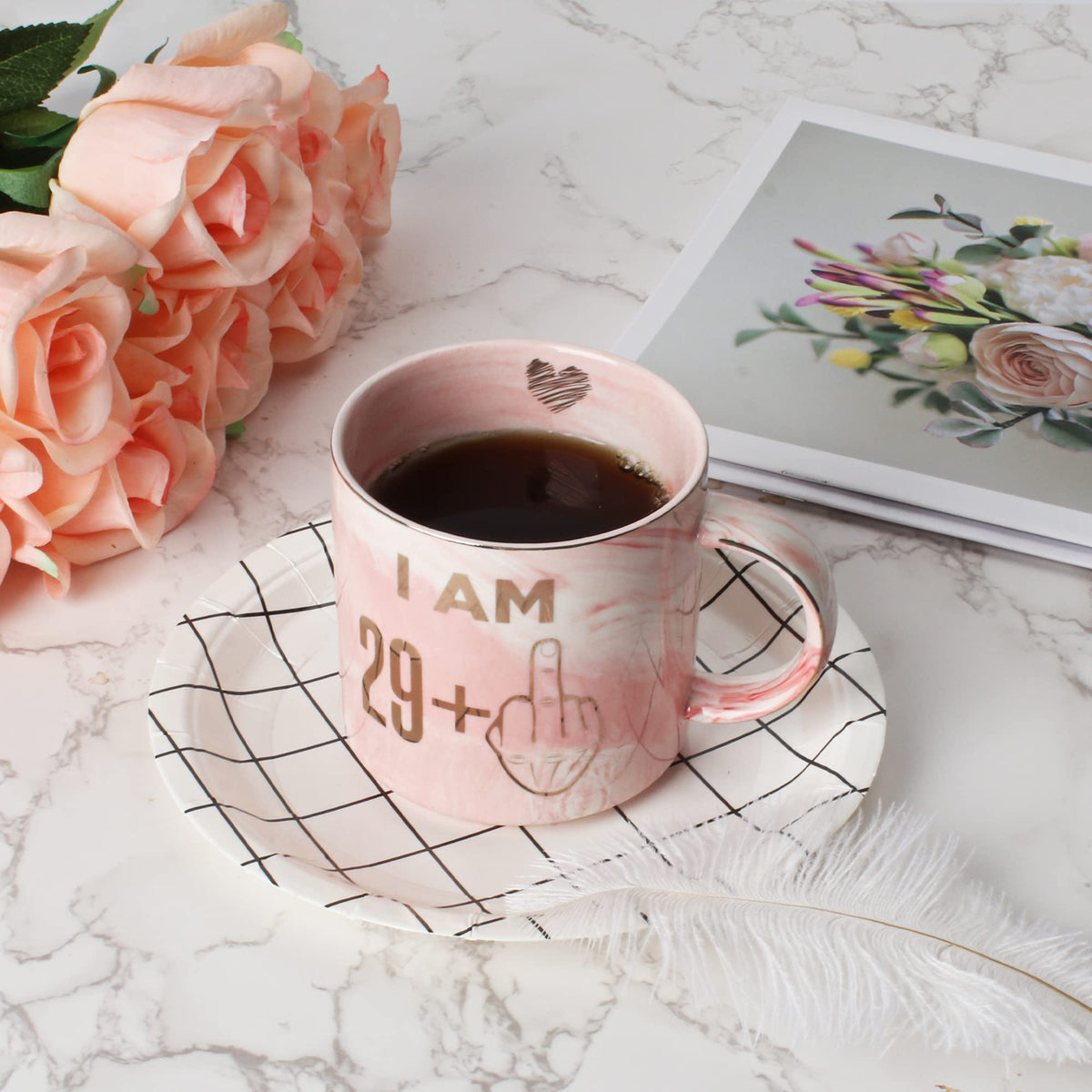 Hendson pink marble mug on breakfast table, perfect for hot beverages