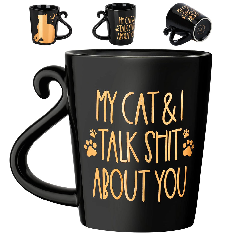 Hendson cat coffee mug with a two-sided design for desk flair.