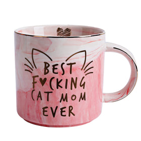 Hendson Cat Mom Mug with pink marble pattern, perfect for cozy morning coffee.