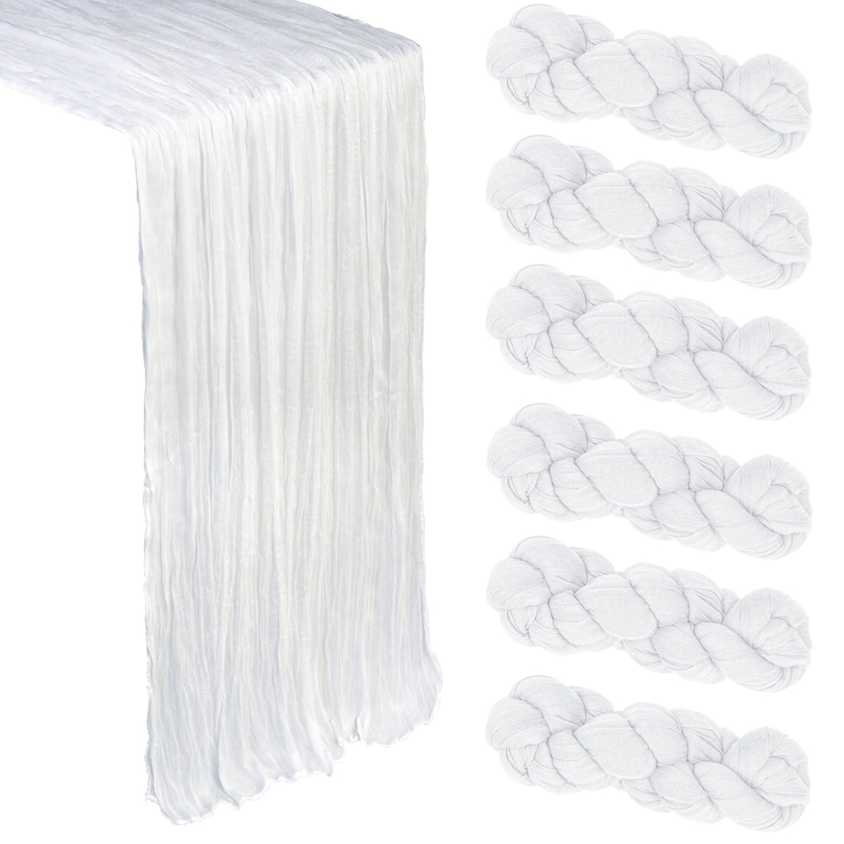 Heneger 6-pack 10ft white cheesecloth table runner adds rustic elegance to weddings.