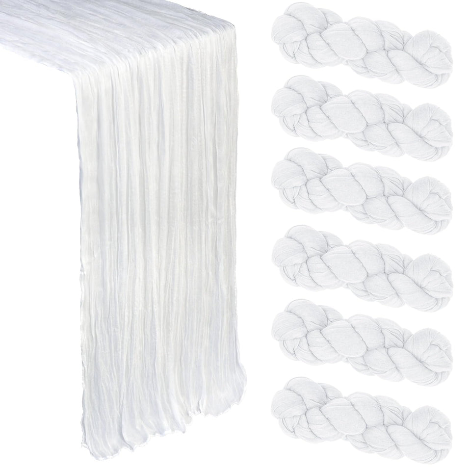Heneger 6-pack 10ft white cheesecloth table runner adds rustic elegance to weddings.