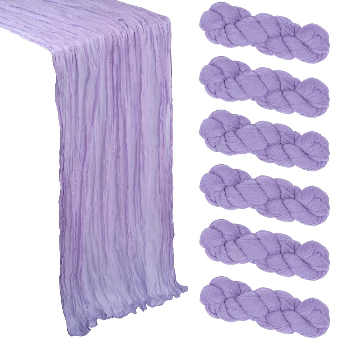 Heneger 6-pack lilac purple cheesecloth table runner on table showing 10ft length