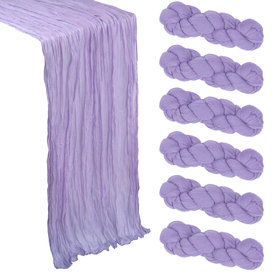 Heneger 6-pack lilac purple cheesecloth table runner on table showing 10ft length