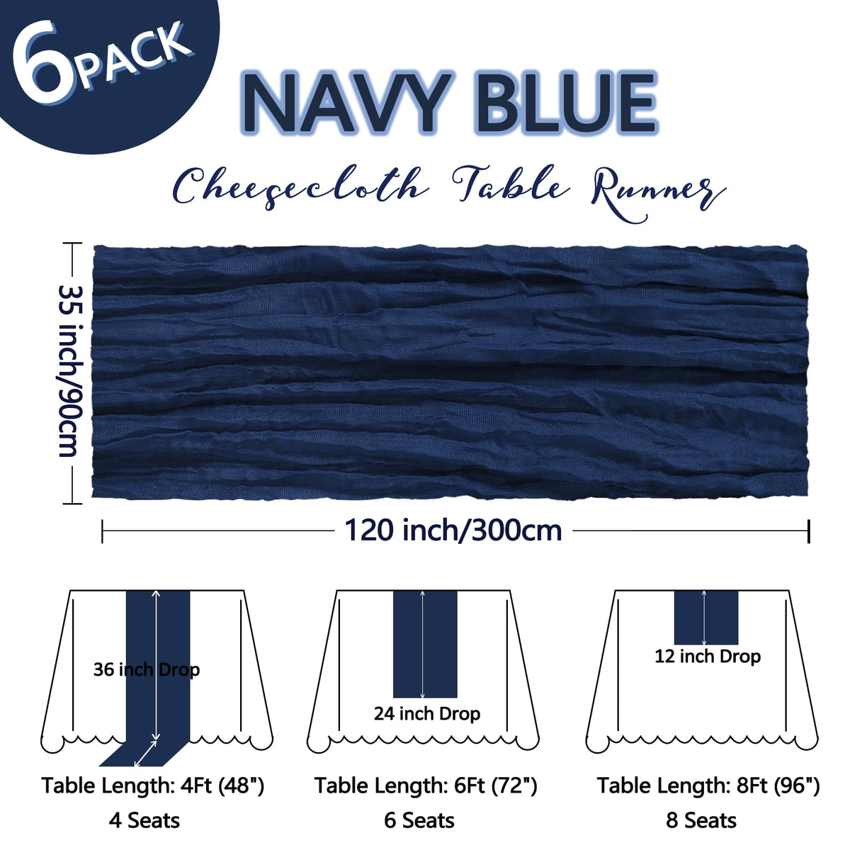 Heneger navy cheesecloth runner draped for elegant wedding table decor.