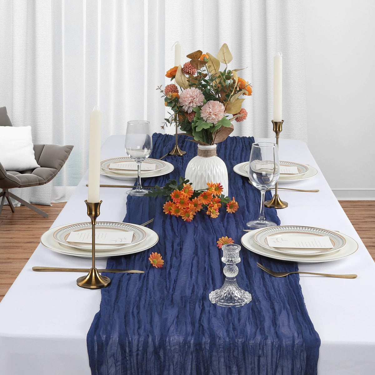 Heneger navy cheesecloth runner close-up shows delicate edges.