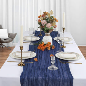 Heneger navy cheesecloth runner close-up shows delicate edges.