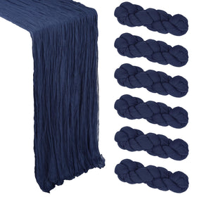 Heneger six-pack navy blue cheesecloth runner folded on table for rustic charm.