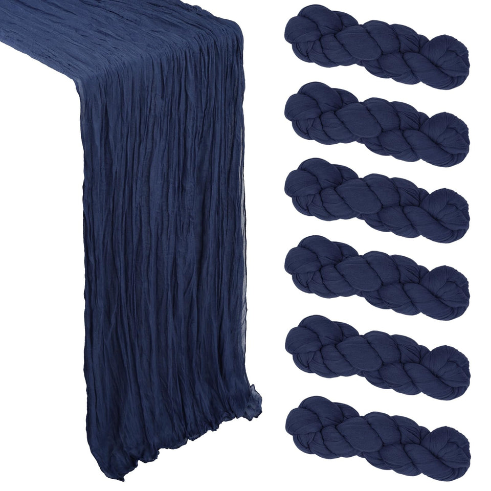 Heneger six-pack navy blue cheesecloth runner folded on table for rustic charm.