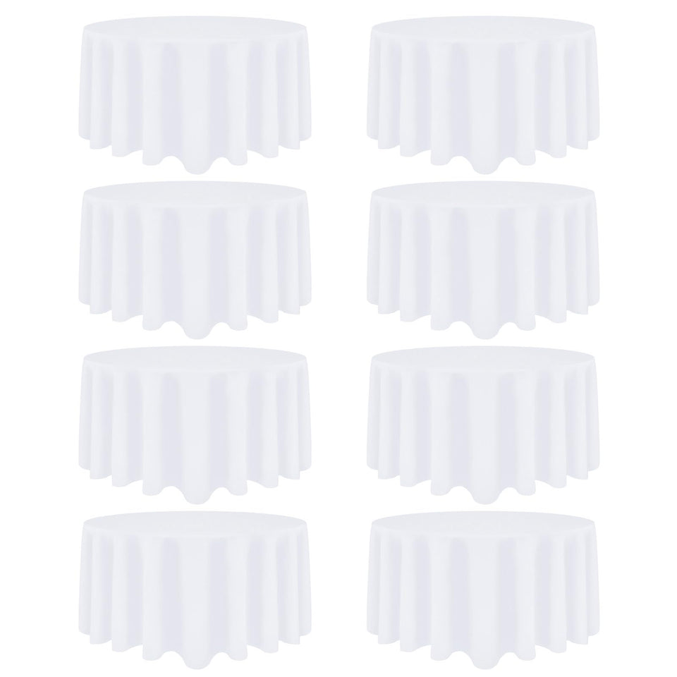 Heneger 8-pack white round tablecloth with 90-inch diameter drapes elegantly for buffets.