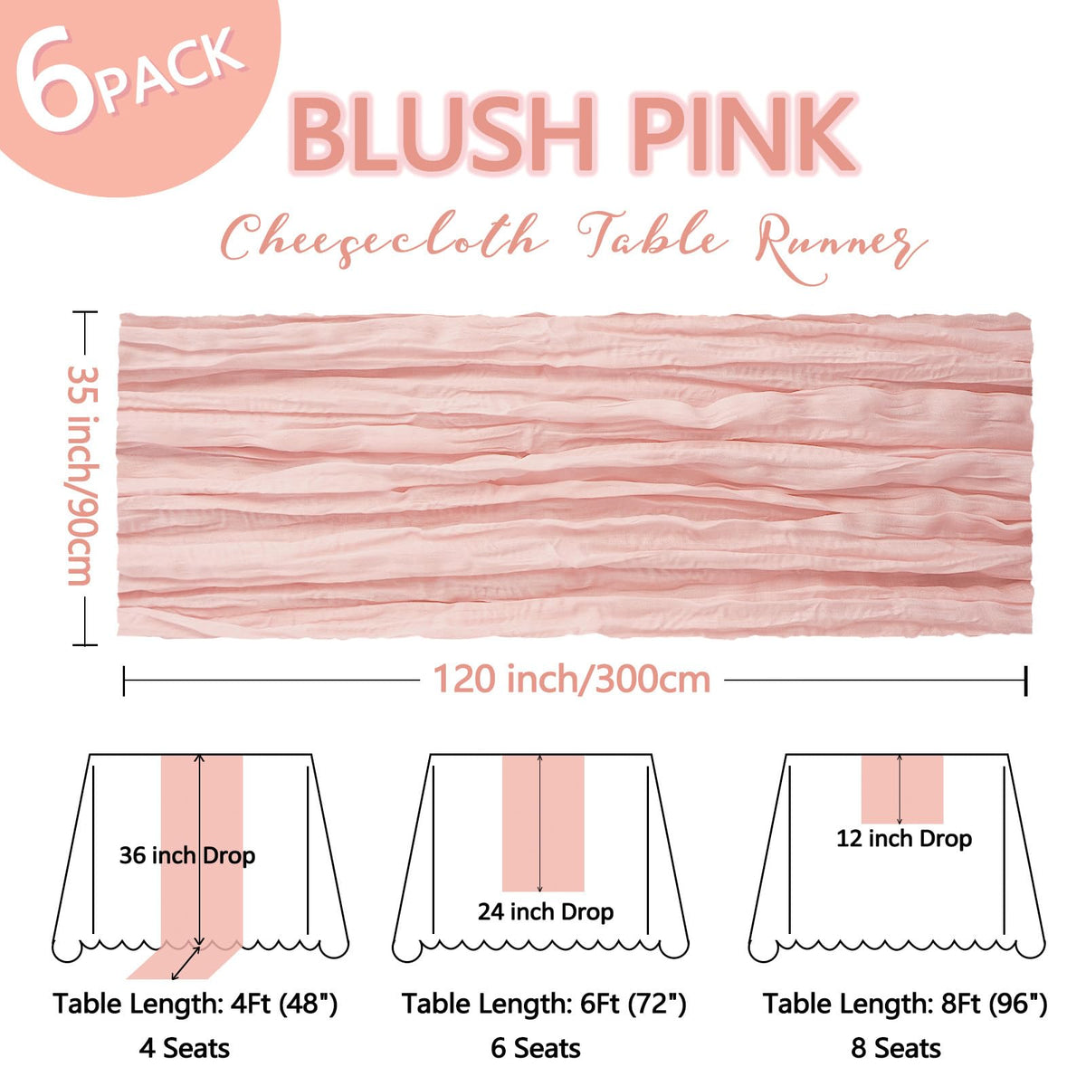 Heneger blush pink cheesecloth runner with 35x120 inch size enhances rustic weddings.