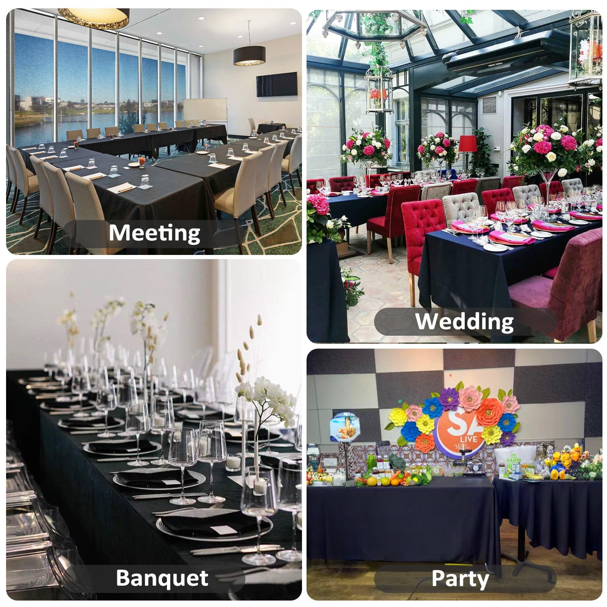 Heneger buffet and wedding banquet setup with black tablecloths