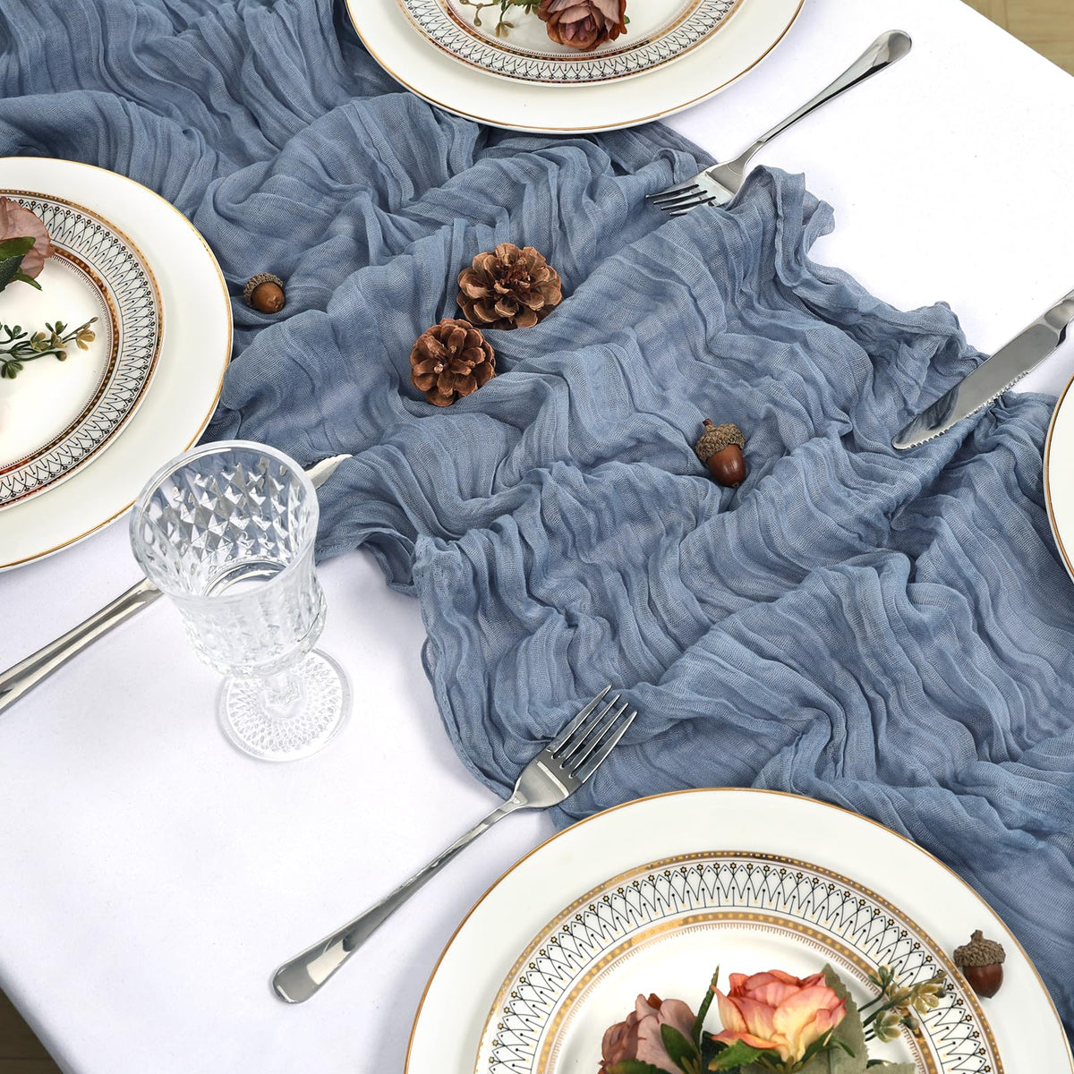 Heneger chair sash dusty blue cheesecloth for cohesive seating.