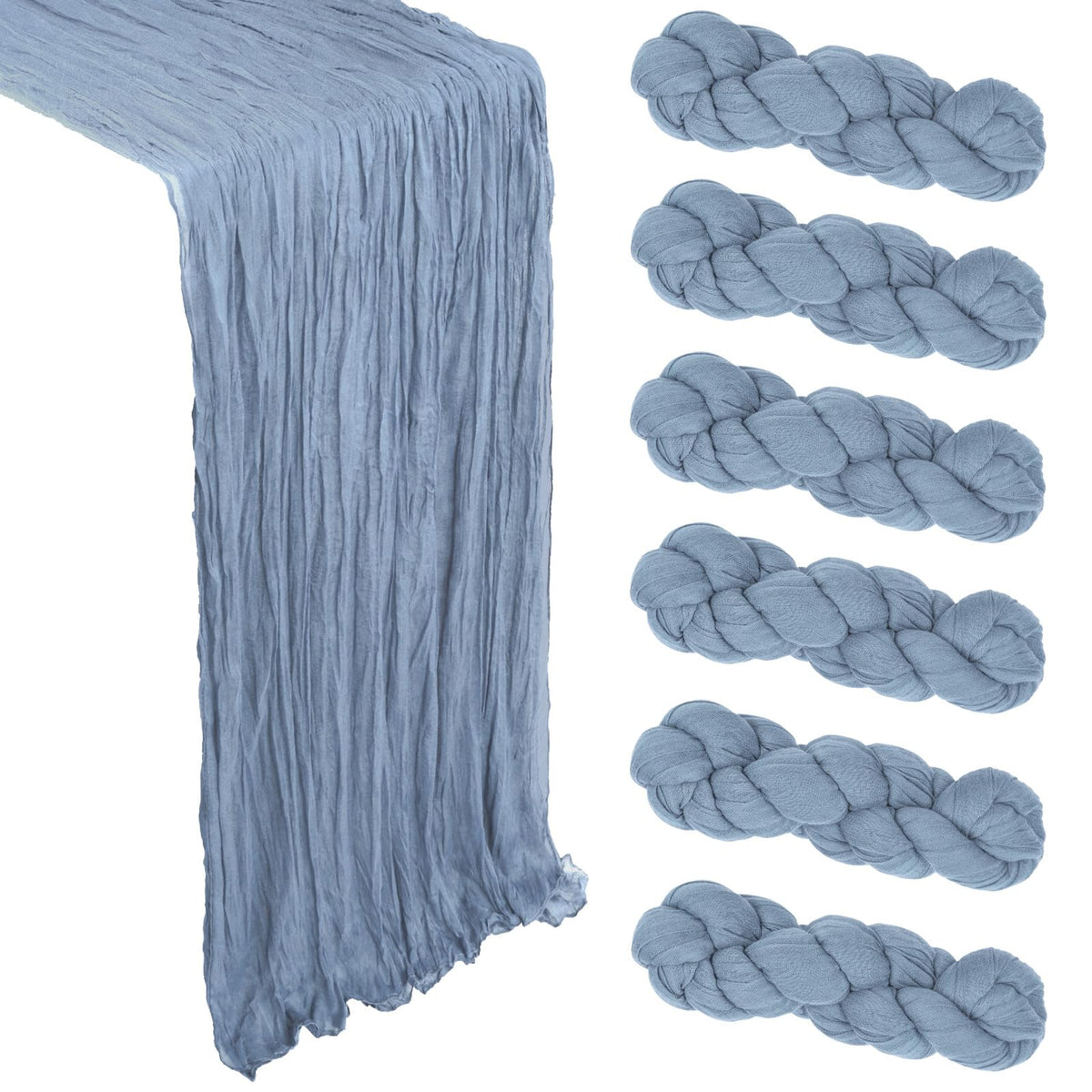 Heneger dusty blue cheesecloth table runner close-up texture for rustic ambiance.