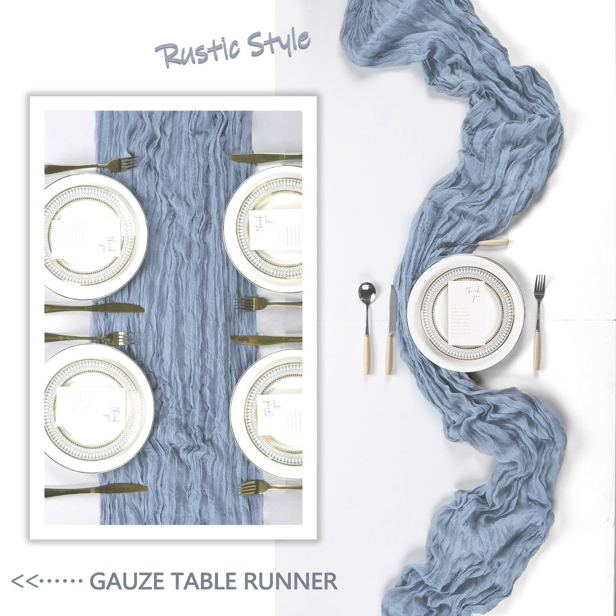 Heneger dusty blue table runner used for gift wrapping and chic chair sashes.