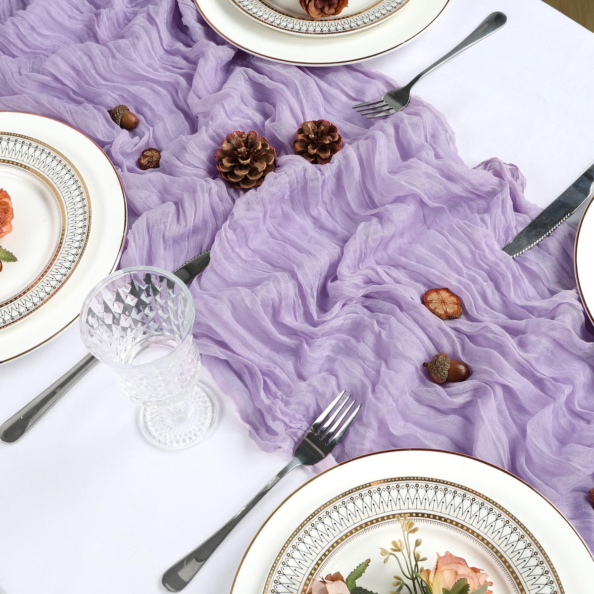 Heneger lilac table runner styled as chair sash accents for coordinated decor.