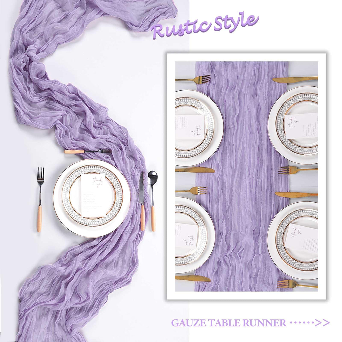 Heneger lilac gauze runner enhancing boho party decor and table displays.