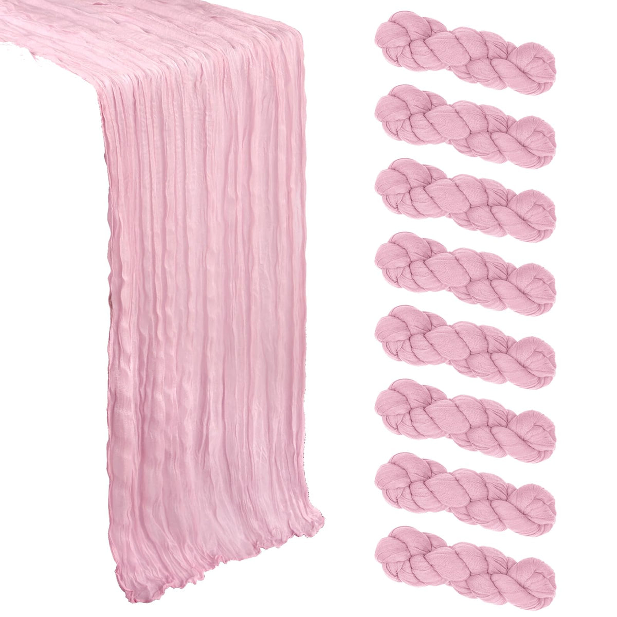 Heneger pink cheesecloth table runner 10ft adds airy texture to wedding tables.