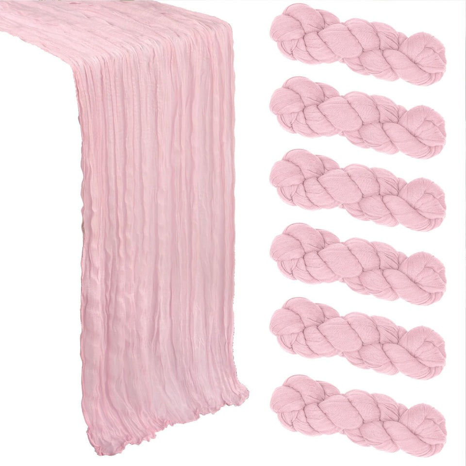 Heneger pink cheesecloth table runner pack shows six long runners for easy event setup.