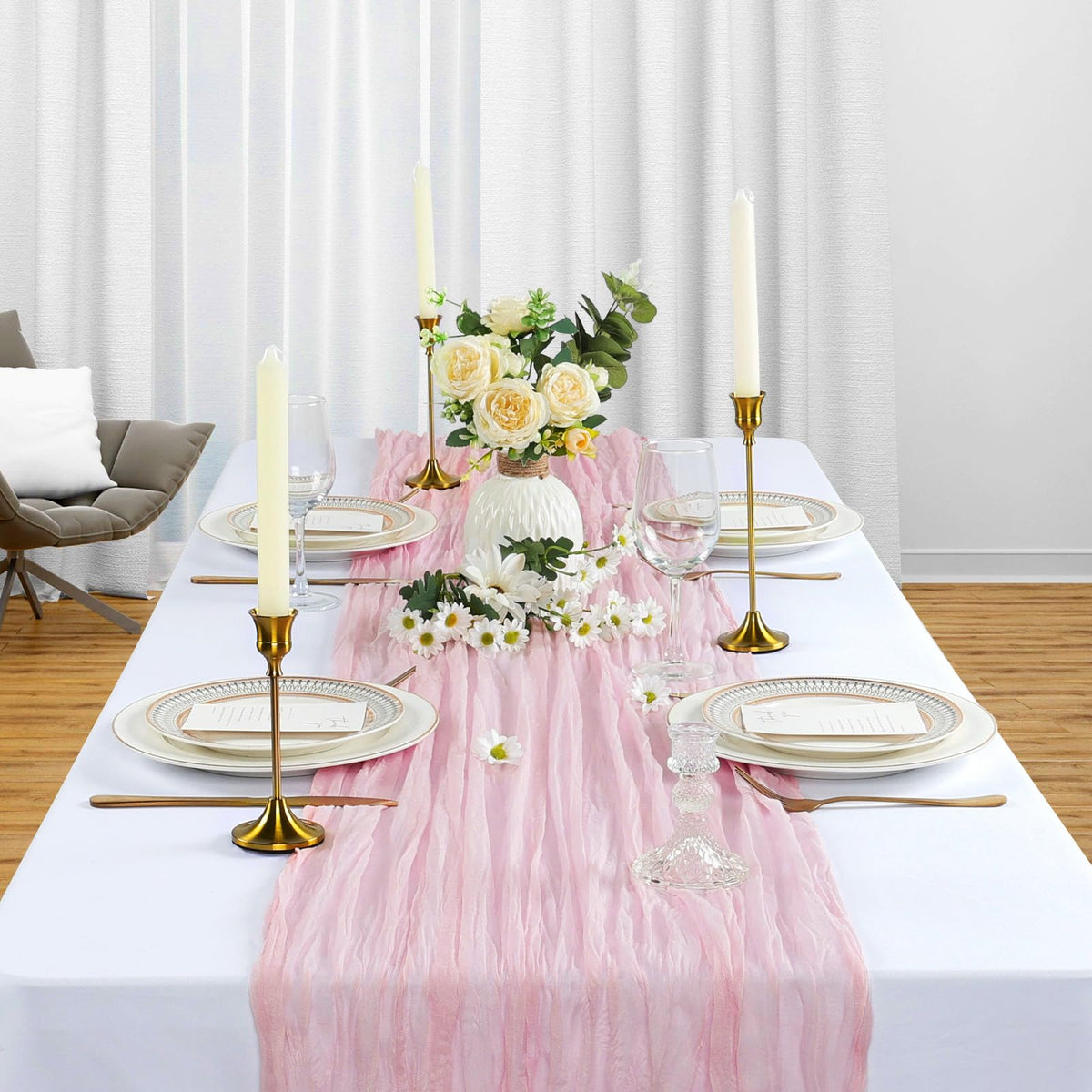 Heneger pink table runner close-up reveals crinkled texture and lightweight feel.