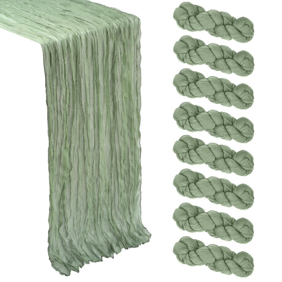 Heneger sage-green cheesecloth table runner adds rustic charm to weddings.