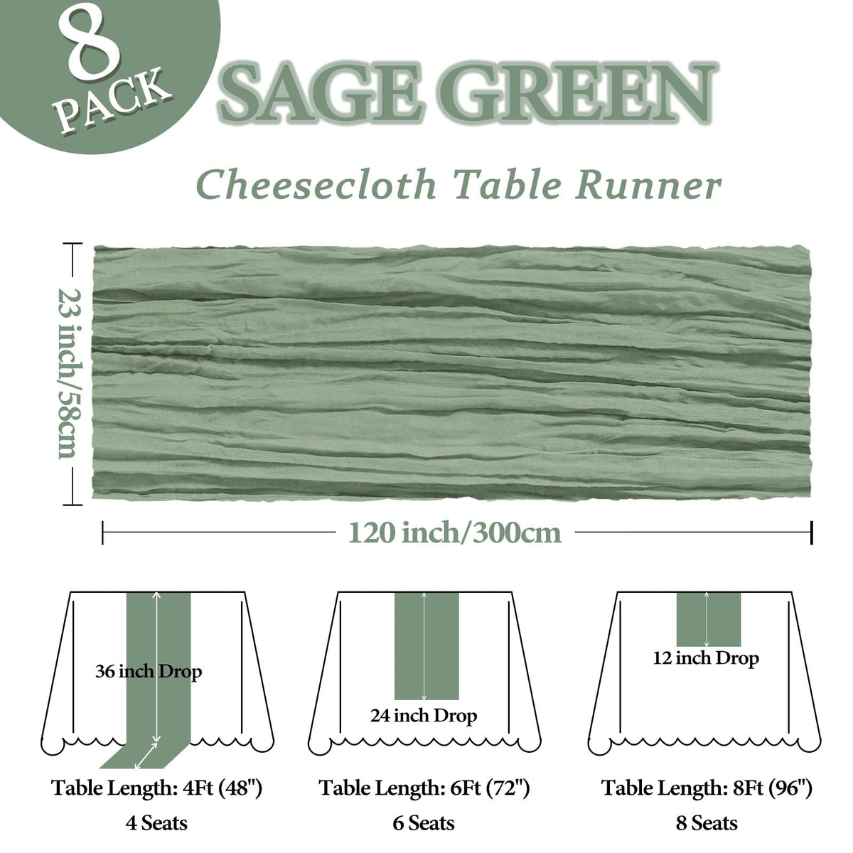 Heneger sage-green table runner with airy gauze for chic backdrops.