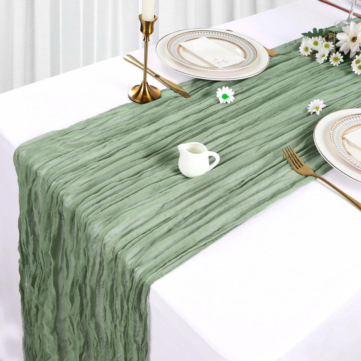 Heneger sage green table runner draped boho look creates dreamy backdrops.