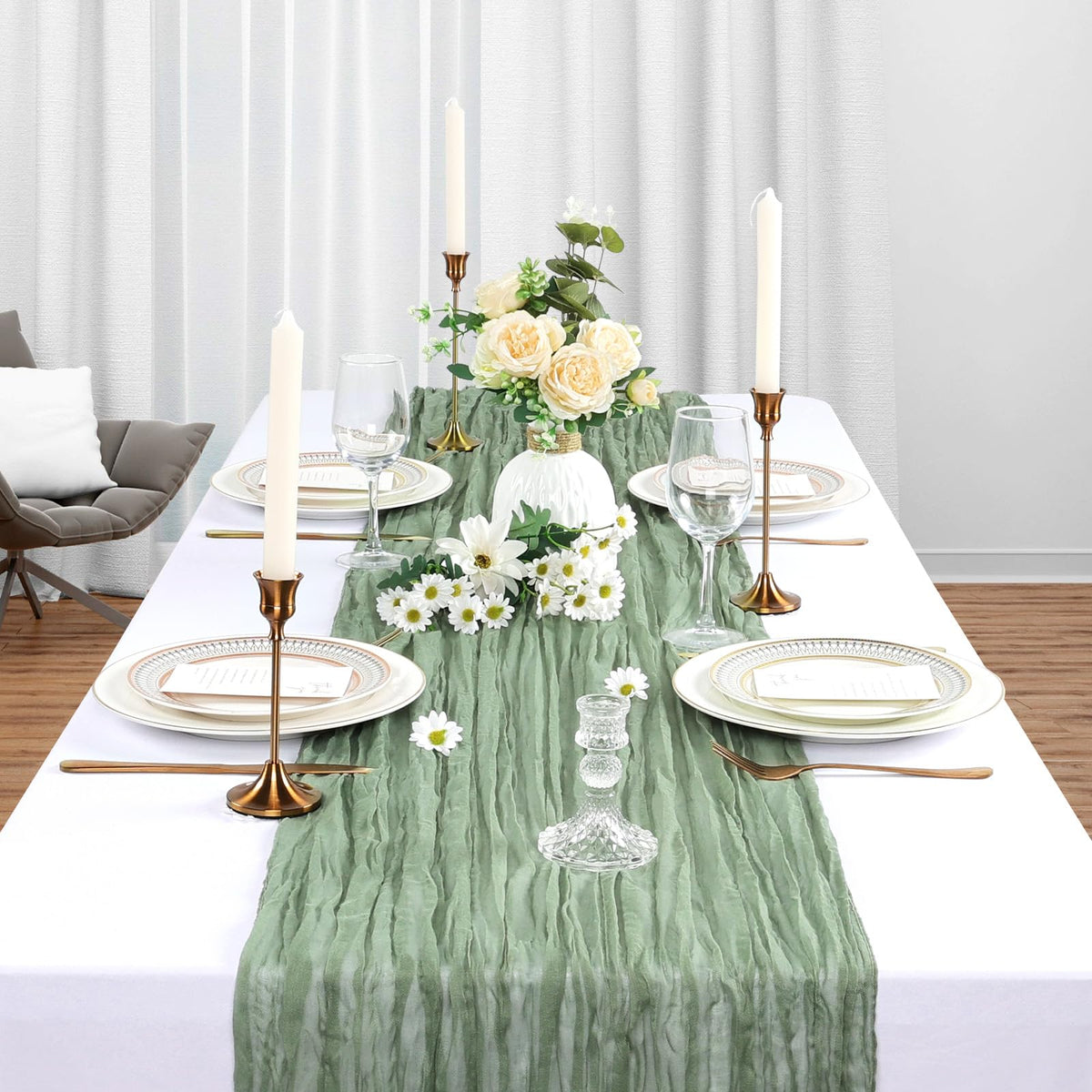 Heneger sage green table runner with rustic edge enhances elegant centerpieces.
