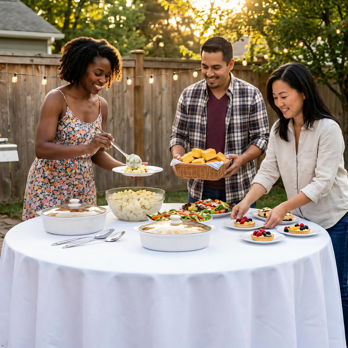 Heneger white round tablecloth wrinkle-resistant surface keeps a smooth appearance across events.