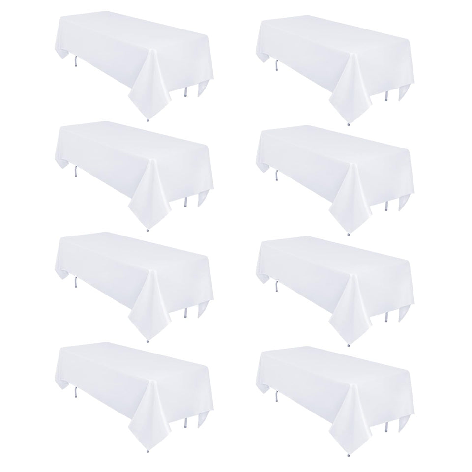 Heneger white tablecloth on an eight-foot table for a polished banquet setup