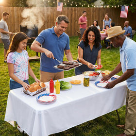 Heneger wrinkle-resistant polyester keeps the tablecloth smooth during events.