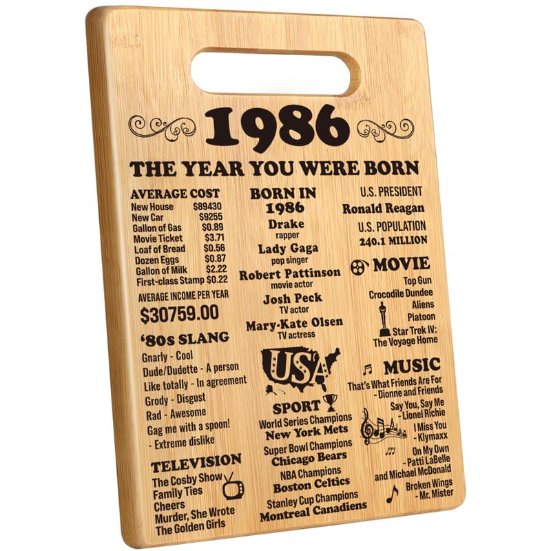 Henghere back in 1986 cutting board front view, a unique 40th birthday keepsake for the kitchen