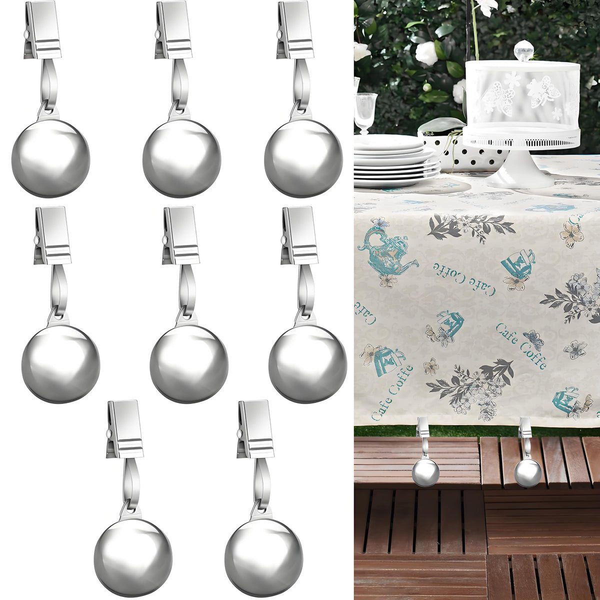 HENGI 8-pack tablecloth weights keeping outdoor tables steady in windy conditions