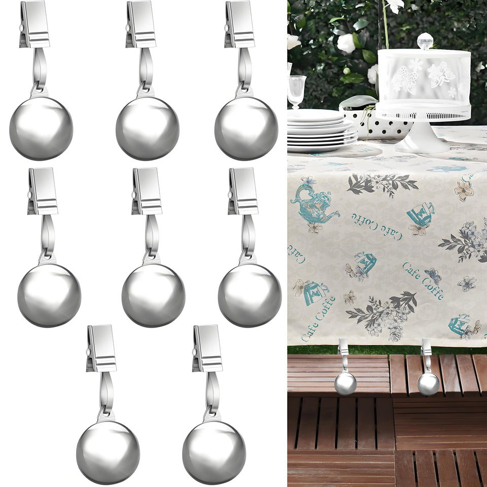 HENGI 8-pack tablecloth weights keeping outdoor tables steady in windy conditions