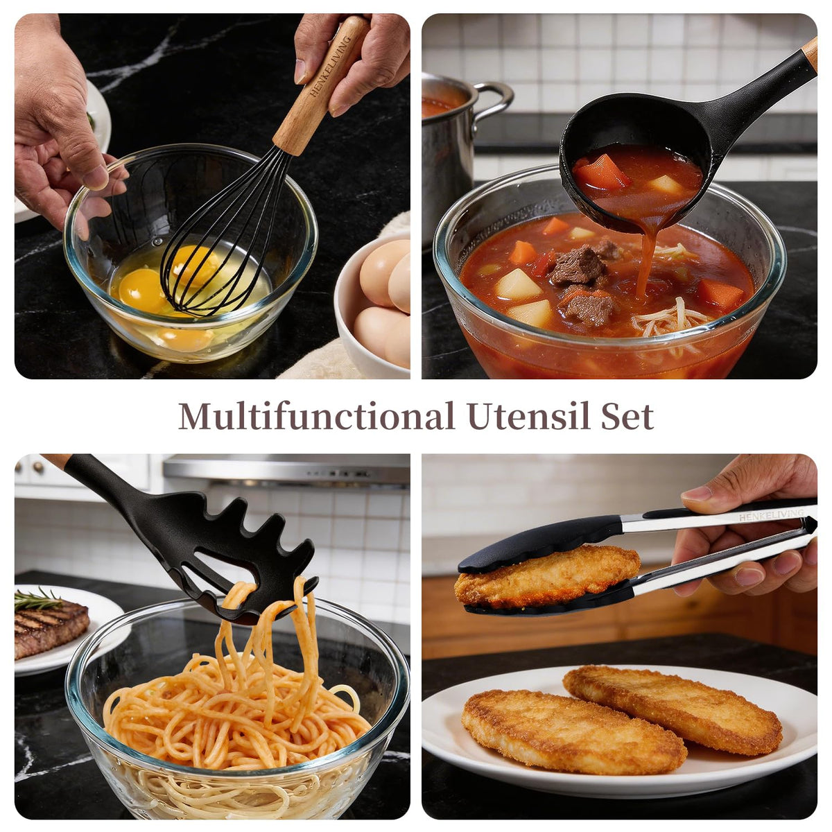 Henkeliving silicone slotted spatula with wood handle for draining liquids while cooking.