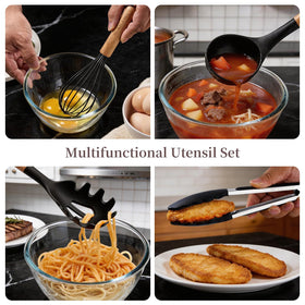 Henkeliving silicone slotted spatula with wood handle for draining liquids while cooking.