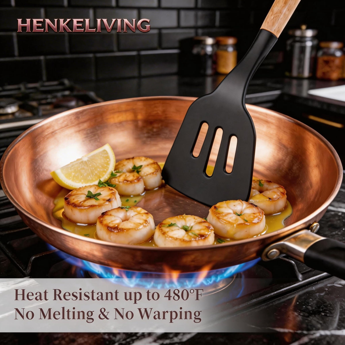 Henkeliving silicone solid spatula with wood handle for sturdy flipping and nonstick coating care.