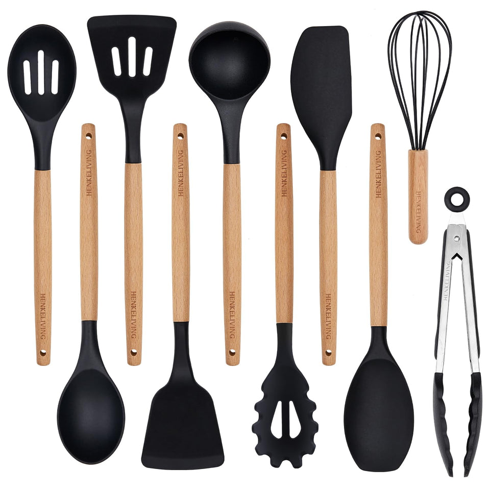 Henkeliving silicone utensils set with wood handles for versatile cooking and nonstick pans.