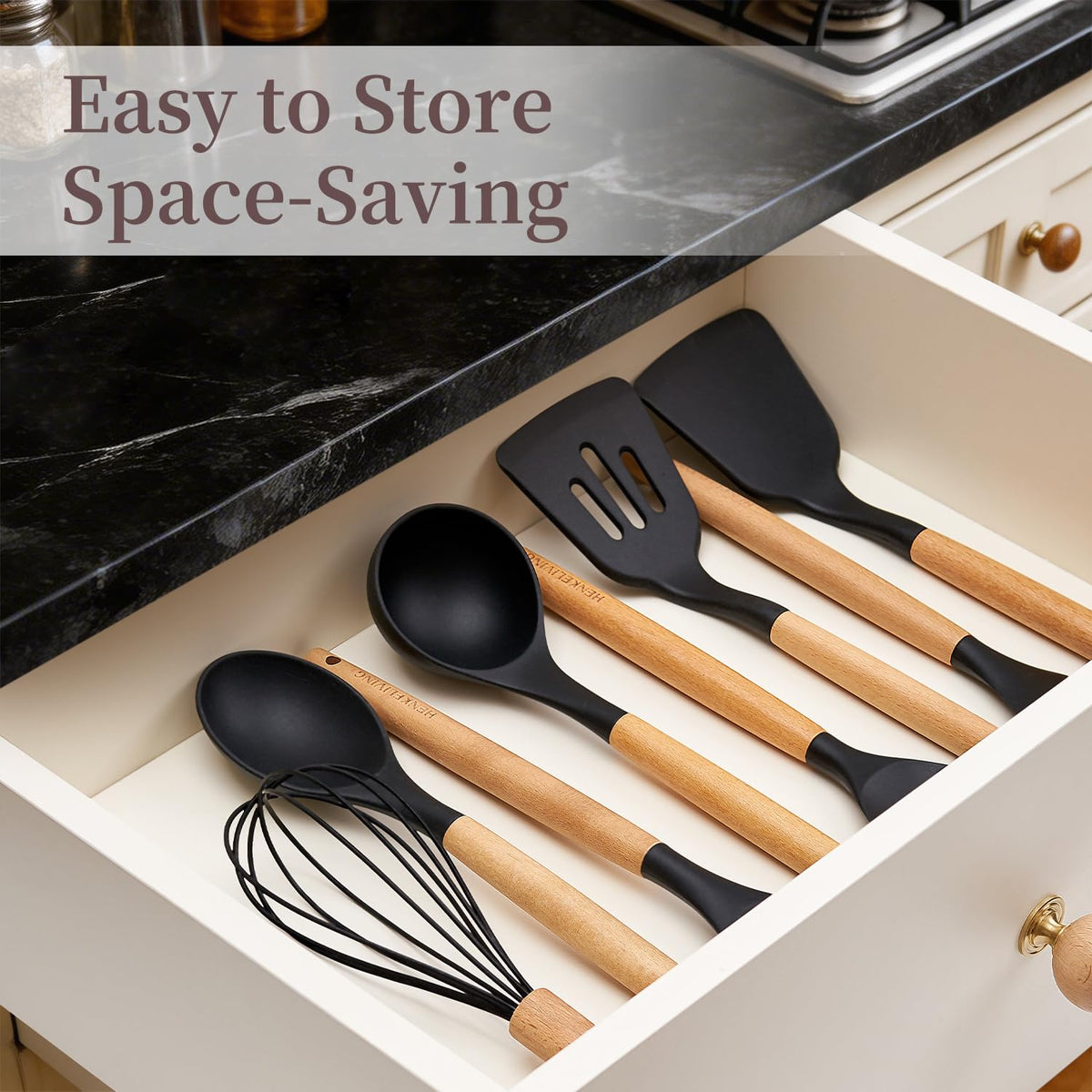 Henkeliving soup ladle with wood handle for scooping soups and sauces safely.