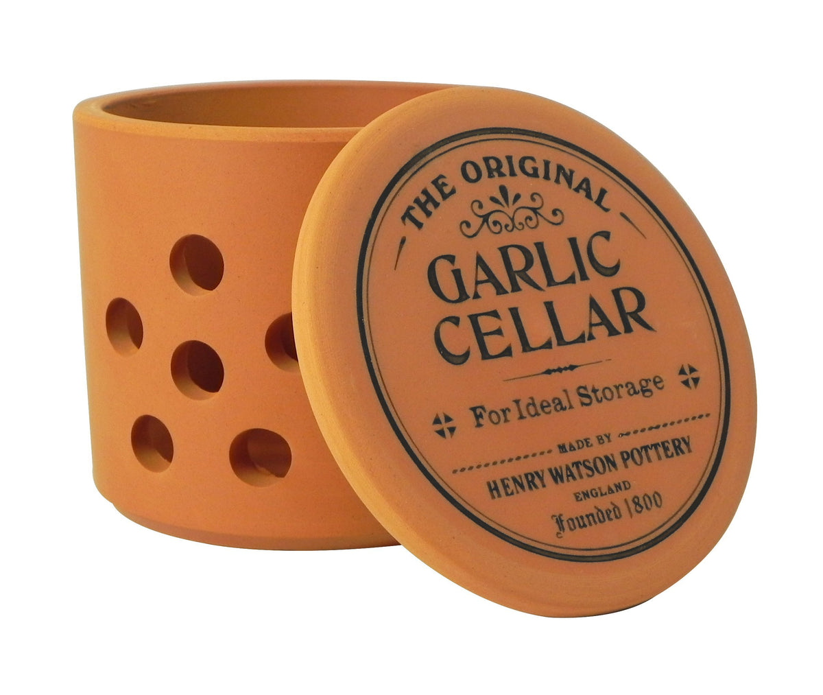 Henry Watson garlic keeper terracotta front view, promotes airflow to keep garlic fresh