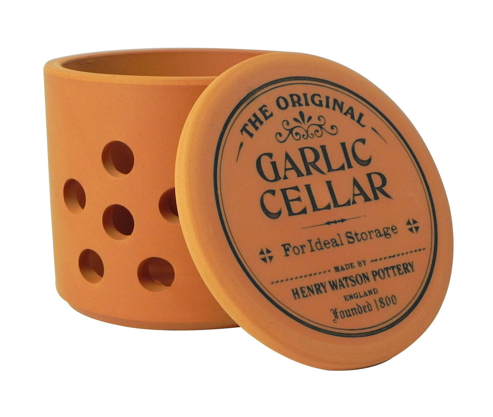 Henry Watson garlic keeper terracotta front view, promotes airflow to keep garlic fresh