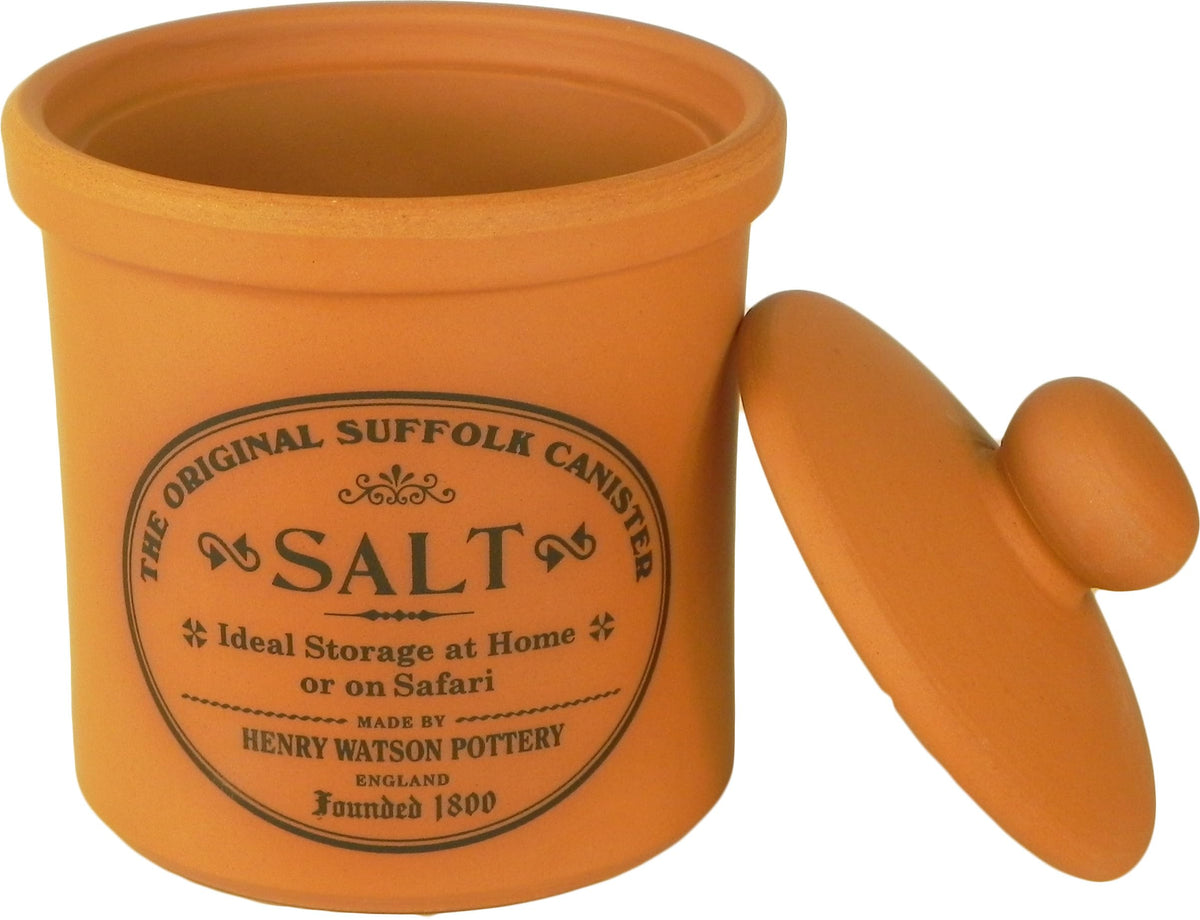 Henry Watson salt jar, compact 3.8 x 4 inches, fits countertop storage.