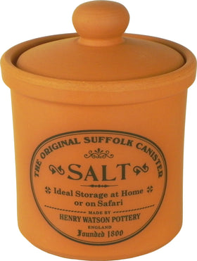 Henry Watson salt jar in unglazed terracotta for natural moisture control in the kitchen.