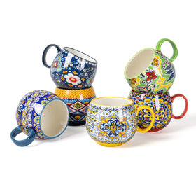 HENXFEN LEAD Boho ceramic mugs set6 front view shows vibrant glaze for stylish sips.