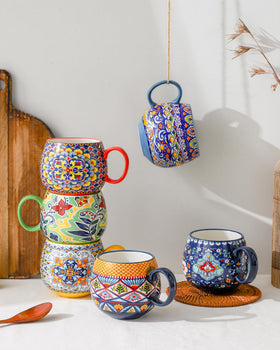 HENXFEN LEAD Boho ceramic mugs set6 stackable design aids neat cabinet organization.