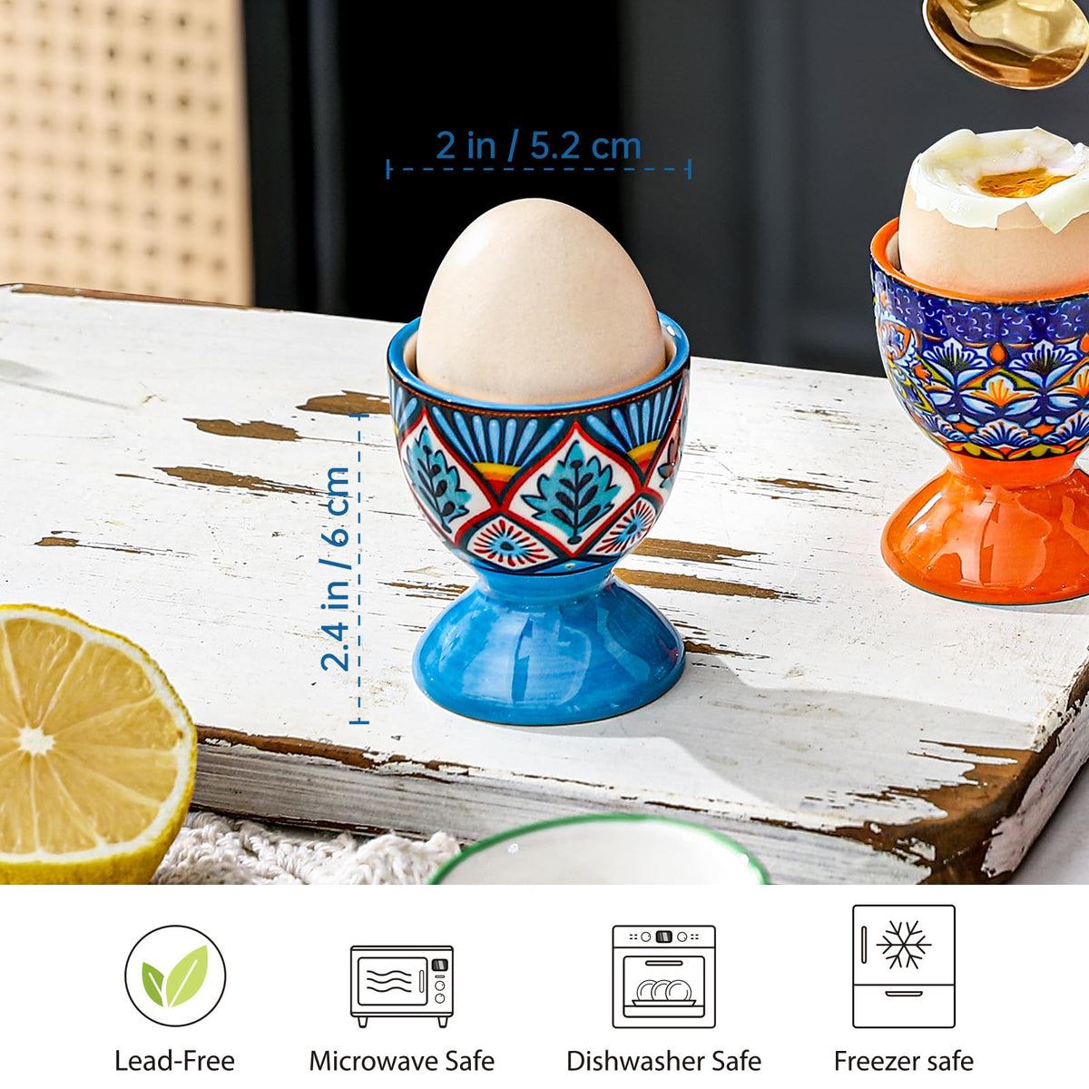 HENXFEN LEAD colorful boho egg cups upright on a plate