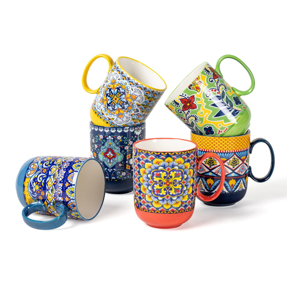 HENXFEN LEAD boho mug set of 6, 14 oz, ideal for daily coffee, tea or cocoa